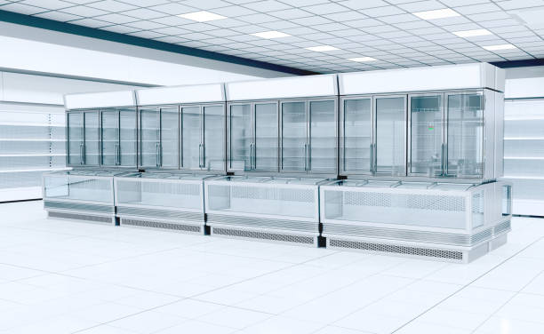 istock Interior empty supermarket with  showcases freezer 1094933640