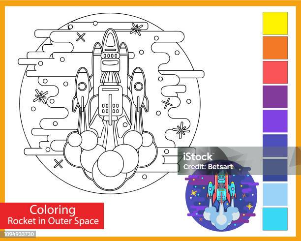 Coloring Big Rocket In Outer Space Childrens Arts Game Cartoon Spaceship Entertainment For Children Drawing Contour For Coloring Space Galaxy Vector Illustration Stock Illustration - Download Image Now