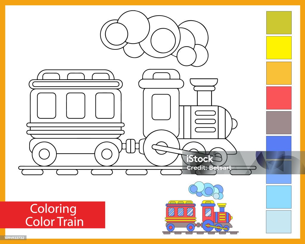 Coloring Train. Children's arts game. Happy Train with a car. Entertainment for children. Cute locomotive. Drawing contour for coloring. Vector illustration. Children's coloring. Coloring stock vector