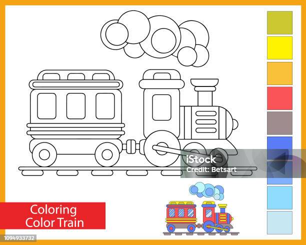 Coloring Train Childrens Arts Game Happy Train With A Car Entertainment For Children Cute Locomotive Drawing Contour For Coloring Vector Illustration Stock Illustration - Download Image Now