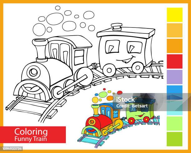 Coloring Funny Train Childrens Arts Game Happy Train With Smile A Car Entertainment For Children Cute Locomotive Drawing Contour For Coloring Vector Illustration Stock Illustration - Download Image Now