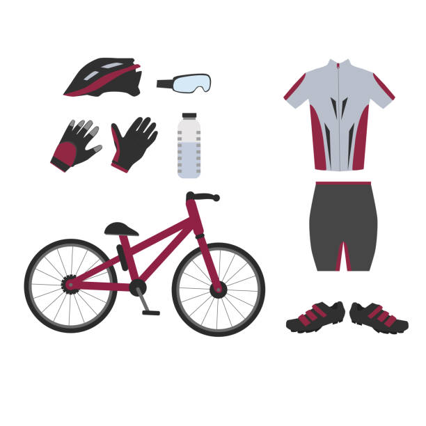 Aksesori bersepeda. Set ikon berwarna dengan ele seragam biker ilustrasi seni vektor