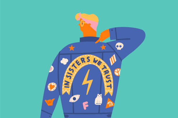 ilustraciones, imágenes clip art, dibujos animados e iconos de stock de tarjeta del día internacional de la mujer con mujer o chica en chaqueta de jeans en la cita de texto signo feminismo. - denim jacket