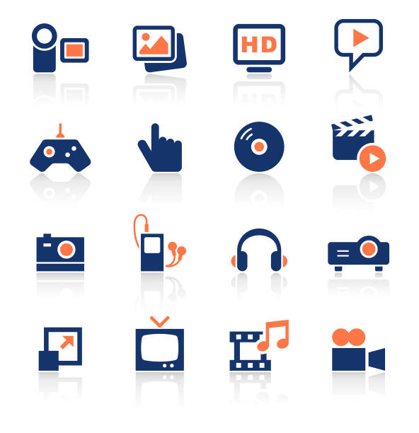 ilustraciones, imágenes clip art, dibujos animados e iconos de stock de los medios de comunicación dos color icons set - multimedia gamepad television photograph