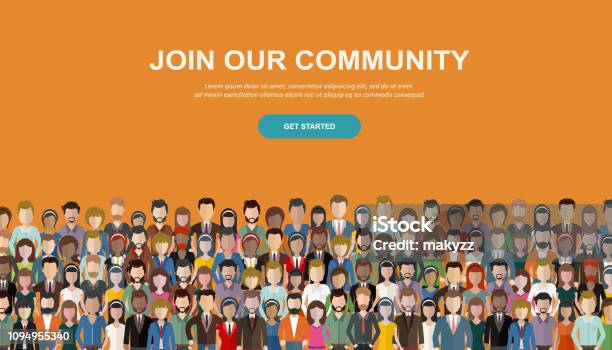 Join Our Community Crowd Of United People As A Business Or Creative Community Standing Together Flat Concept Vector Website Template And Landing Page Design For Invitation To Summit Or Conference Stock Illustration - Download Image Now