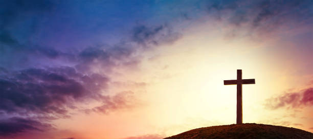 cross Silhouette cross on Calvary mountain sunset background. Easter concept cross shape cross religion christianity stock pictures, royalty-free photos & images