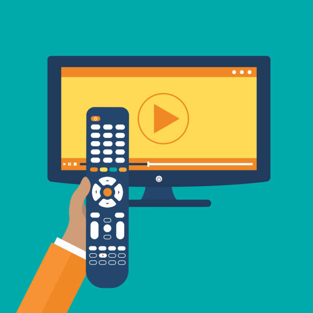Hand holding remote control. TV icon concept. Play icon on television. Smart TV concept. Flat vector illustration Hand holding remote control. TV icon concept. Play icon on television. Smart TV concept. Flat vector illustration television industry illustrations stock illustrations