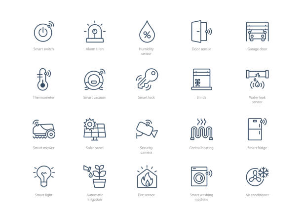 Set of stroke smart home icons Set of stroke smart home icons isolated on light background. Contains such icons Smart lock, Thermometer, Garage door, Air conditioner, Smart vacuum cleaner and more. sensor stock illustrations