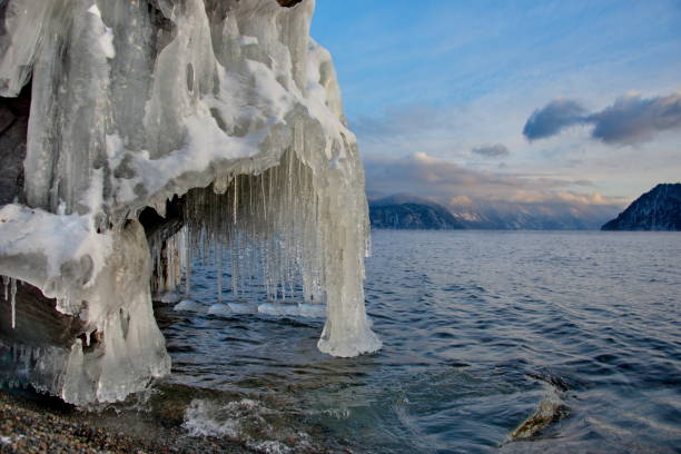Winter sunset on lake Teletskoye.