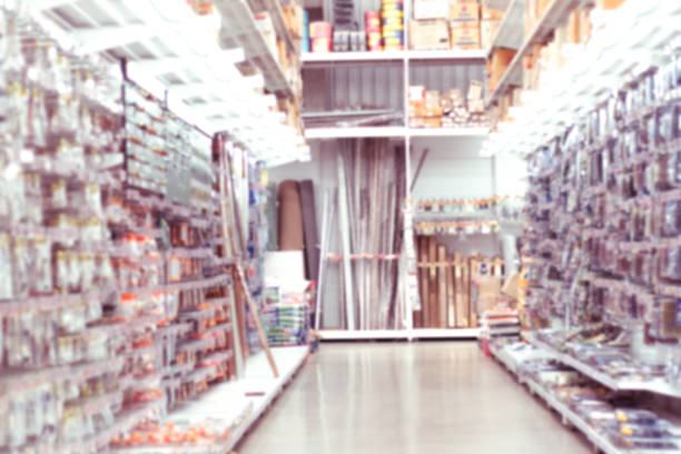 Blurred image of shop building materials. The interior of the retail store for residential improvement is the background. stock photo