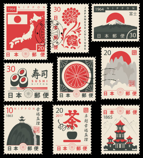 set of old postage stamps with Japanese symbols Set of vector postage stamps on the theme of Japanese culture in retro style. Hieroglyph Japan Post, Sushi, Tea, Perfection, Happiness, Truth chinese postage stamp stock illustrations