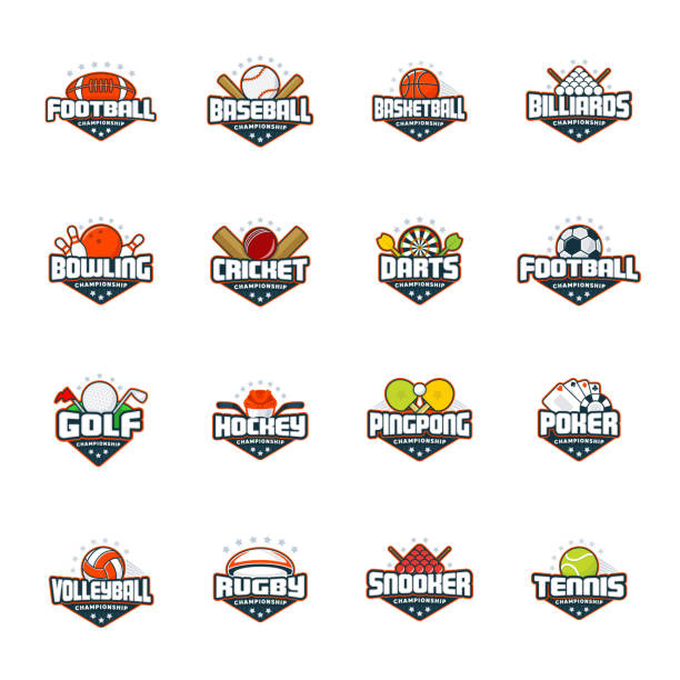 illustrazioni stock, clip art, cartoni animati e icone di tendenza di set sportivo. calcio, baseball, basket, biliardo, bowling, cricket, freccette, golf, hockey, ping pong, poker, pallavolo, rugby, snooker, tennis. badge sportivi colorati isolati vettoriali - set tennis o pallavolo