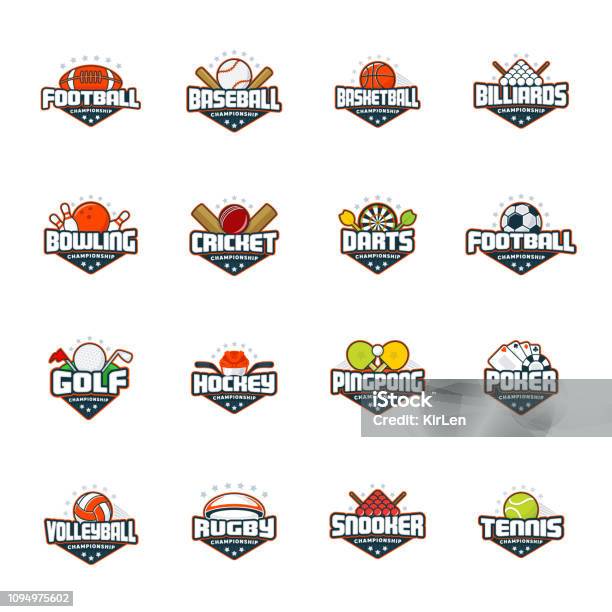 Sports Set Football Baseball Basketball Billiards Bowling Cricket Darts Golf Hockey Ping Pong Poker Volleyball Rugby Snooker Tennis Vector Isolated Colorful Sport Badges Stock Illustration - Download Image Now