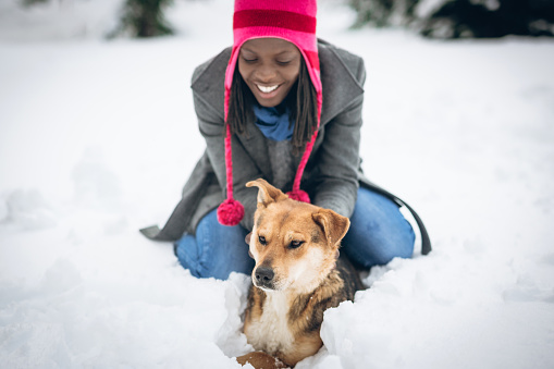 Young woman stroking dog in the park