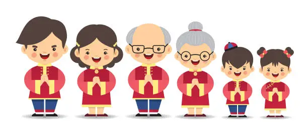 Vector illustration of Set of cute cartoon chinese family