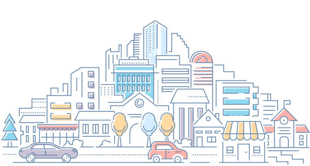 Real estate - modern line design style vector illustration Real estate - modern line design style vector illustration on white background. High quality composition with cityscape, housing complex, buildings, shops, cars on the road. Urban architecture cityscape illustrations stock illustrations