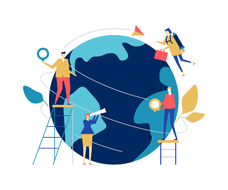 Global business - flat design style colorful illustration on white background. Male, female colleagues, team around a globe, putting geo tags, looking through spyglass. International project concept