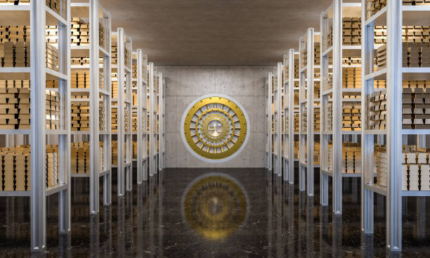 golden ingot in bank vault 3d rendering