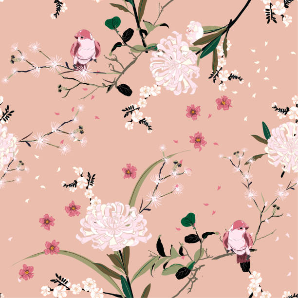 Sweet mood of oriental garden flower with blooming botanical and cherry bloosom florals seamless pattern vector design for fashion ,fabric,wallpaper, and all prints Sweet mood of oriental garden flower with blooming botanical and cherry bloosom florals  seamless pattern vector design for fashion ,fabric,wallpaper, and all prints on vintage pink color background color bird backgrounds stock illustrations