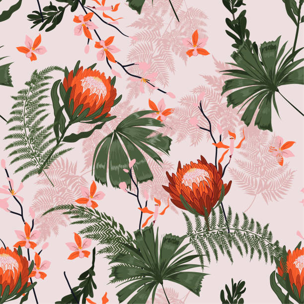 ilustrações de stock, clip art, desenhos animados e ícones de beautiful trendy protea floral pattern in the many kind of flowers. tropical botanical . seamless vector texture. printing with in hand drawn style - 1474