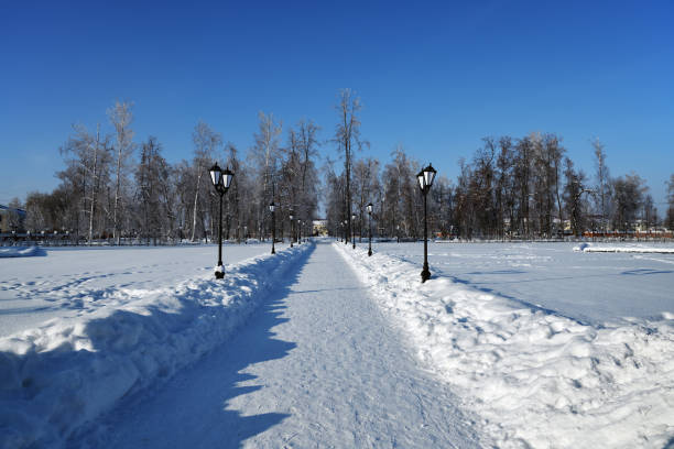 Beautiful view on the public park in small city of Ramon nearby Voronezh, central region of Russia at winter