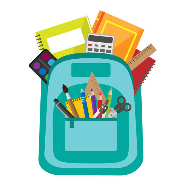 ilustrações de stock, clip art, desenhos animados e ícones de vector bag with school stationery - school supply
