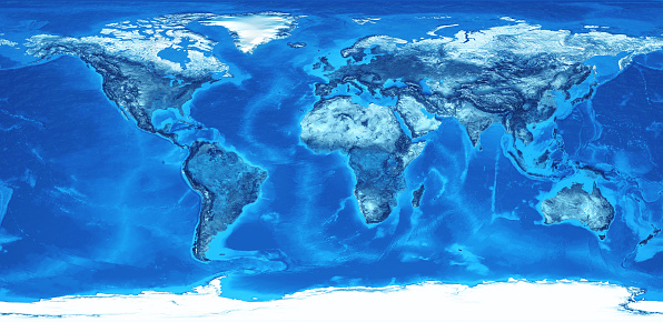 Detailed flat view of the Earth and its landforms. Global world map colored in blue. 3D illustration - Elements of this image furnished by NASA