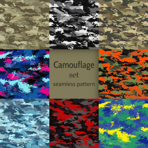 camouflage seamless set Set of camouflage seamless patterns multi-colored-vector illustration. Marine, military, jungle red camouflage pattern stock illustrations