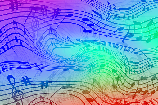 Abstract colored background on the theme of music. Background of wavy and colored stripes. Background of stylized musical notes.
