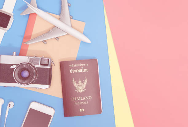 istock travel objects and accessories on blue yellow pink background with passport camera and plane 1095014270