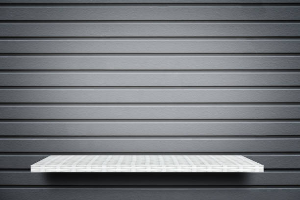 istock Empty white shelf on gray stripe background for product display 1095014482