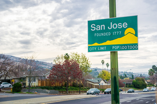 Updated San Jose, California city limit sign indicating population of over one million and founding year 1777
