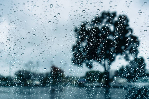 istock Dark and rainy day; raindrops on the windshield; tree shapes visible in the background 1095028514