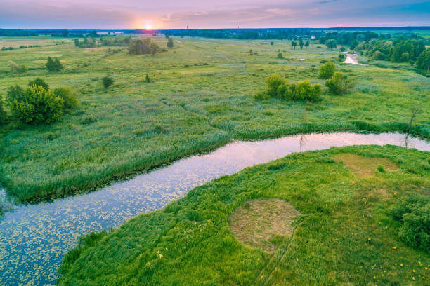 istock The winding brook flows through the field at sunset, aerial view 1095029664