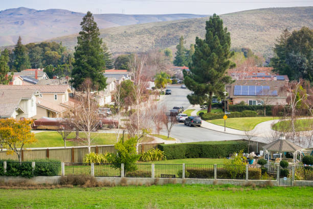 aerial view of residential neighborhood in san jose, south san francisco bay, california - bay san francisco county residential district aerial view imagens e fotografias de stock