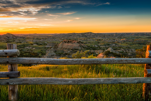 Sunset over North Dakota plain. Horizontal landscape