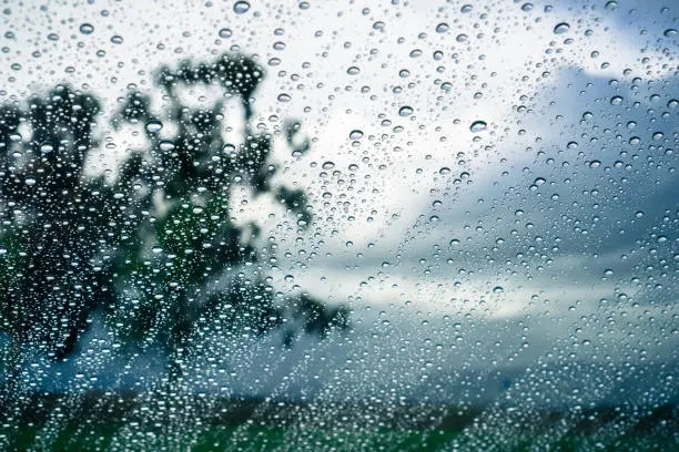 Photo of Drops of rain on the window; blurred trees and storm clouds in the background