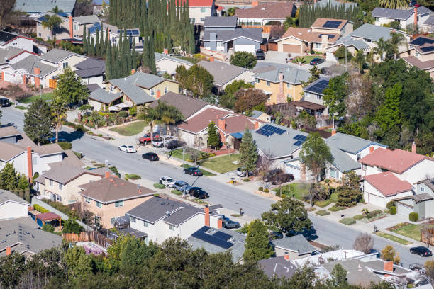 aerial view of residential neighborhood in san jose, south san francisco bay area, california - bay san francisco county residential district aerial view imagens e fotografias de stock