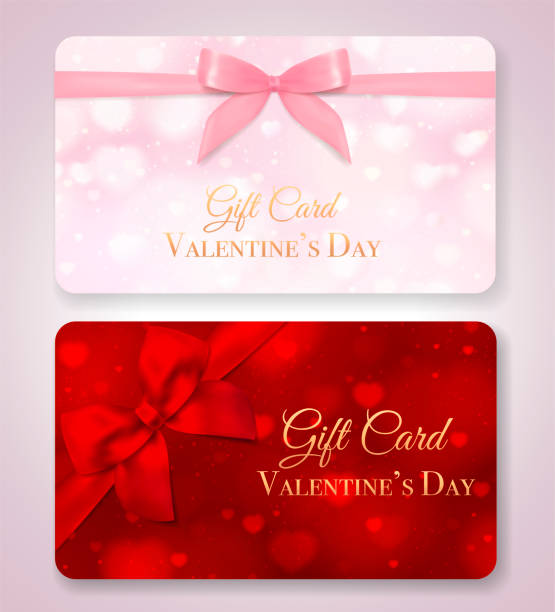 Gift card with red hearts on background and bow, pink ribbon Maroon vector backdrop with romantic beautiful pattern design for gift certificate, voucher (light pink celebration valentine card) glow in the dark hearts background stock illustrations
