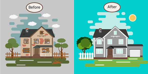 House before and after repair. Old run-down home. Renovation building. Vector illustration.