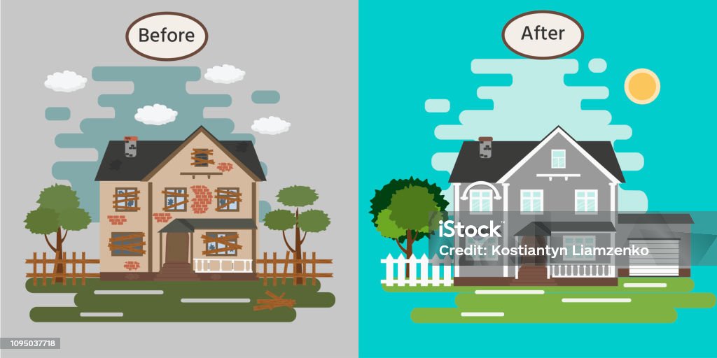 House before and after repair. Old run-down home. Renovation building. Vector illustration. House stock vector