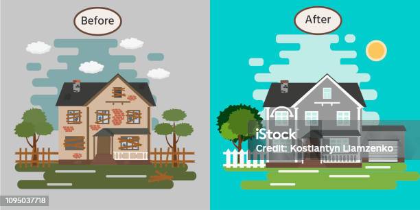 House Before And After Repair Old Rundown Home Renovation Building Vector Illustration Stock Illustration - Download Image Now