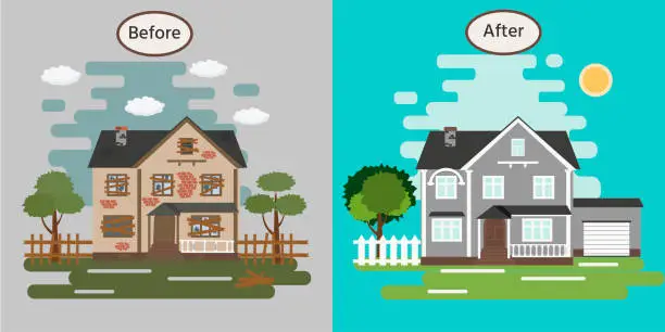 Vector illustration of House before and after repair. Old run-down home. Renovation building. Vector illustration.