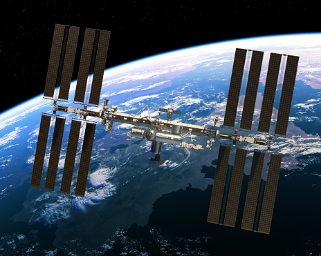 Flight Of International Space Station On The Background Of Earth. 3D Illustration.