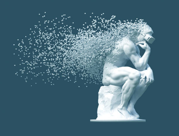 istock Sculpture Thinker With VR Glasses Desintegrated Into 3D Pixels On Blue Background 1095043140
