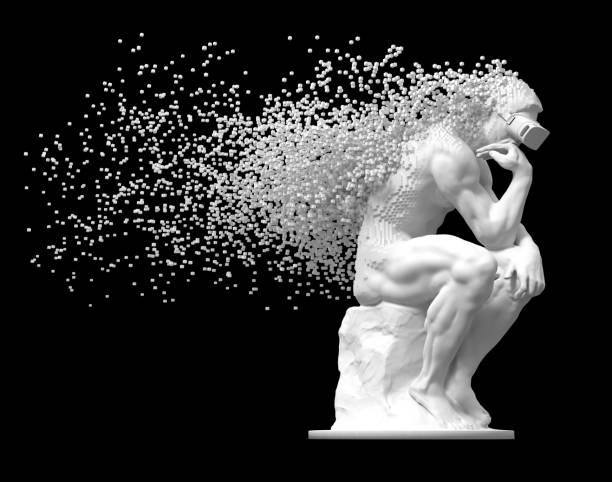 istock Sculpture Thinker With VR Glasses Desintegrated Into 3D Pixels On Black Background 1095043156