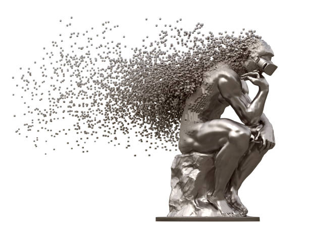 istock Metal Sculpture Thinker With VR Glasses Desintegrated Into 3D Pixels 1095043170