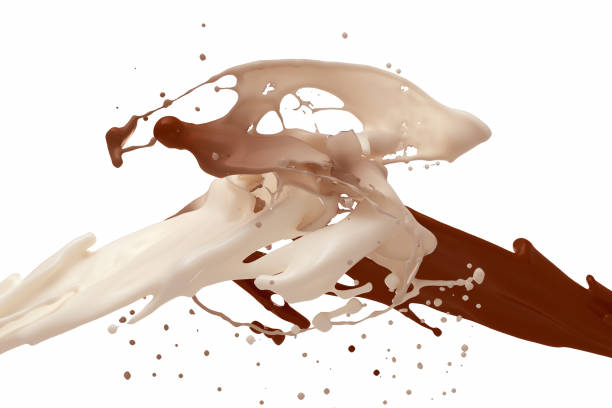 white milk and chocolate splashing isolated on white background - drink close up dairy product flowing imagens e fotografias de stock