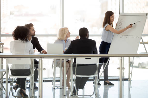 istock Female office worker speaking giving presentation at diverse team meeting 1095046950