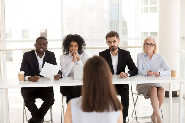 istock Serious diverse hr group listening applicant performance at job interview 1095047216